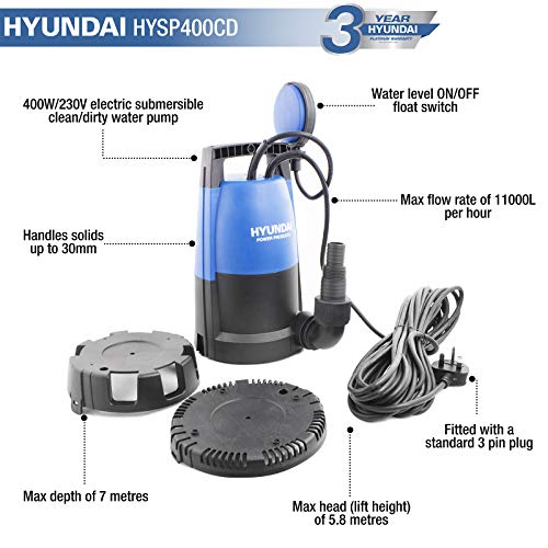 Hyundai HYSP400CD Heavy Duty 400W 230V Electric Submersible Dirty & Clean Water Pump Includes 10 Metre Power Cable Float… - Image 6